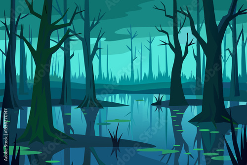 Enchanted Swamp A Dark and Mysterious Nighttime Forest Illustration