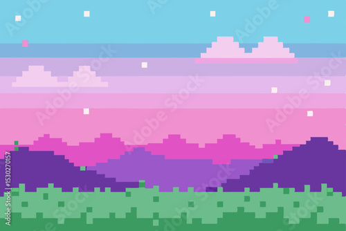 Pixel Art Sunset Landscape Pastel Mountains and Sky