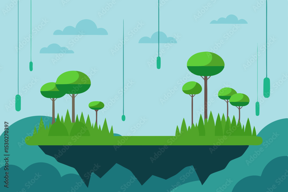 Fototapeta premium Floating Island Fantasy Surreal Landscape Illustration with Hanging Trees and Lush Greenery