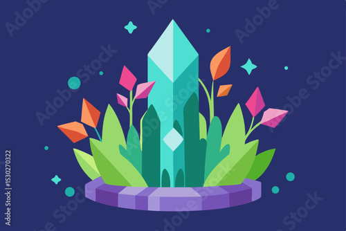 Magical Crystal and Flourishing Flora A Vibrant Fantasy Illustration