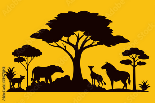African Savanna Silhouette Wildlife and Nature in Black and White