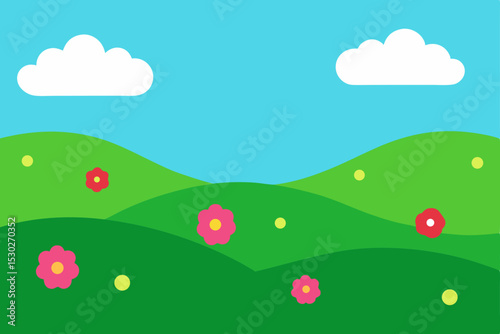 Rolling Green Hills Landscape with Blooming Flowers A Springtime Scene Illustration