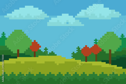 Pixel Art Landscape Serene Meadow with Autumn Trees and Blue Sky