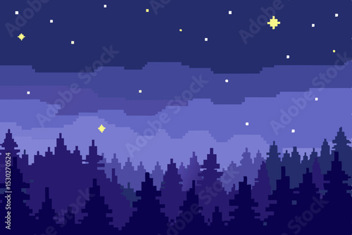 Pixel Art Night Forest Serene Starry Sky and Silhouetted Trees