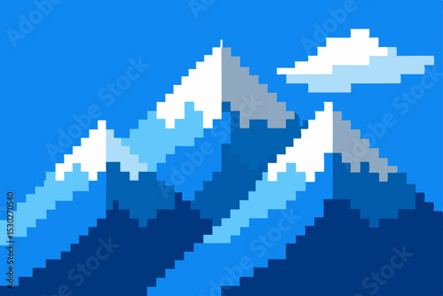 Pixel Art Mountain Landscape Serene Blue Peaks and Clouds