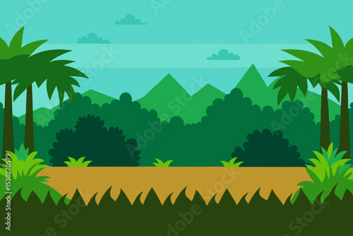 Lush Tropical Jungle Landscape Illustration Palm Trees, Mountains, and Exotic Foliage