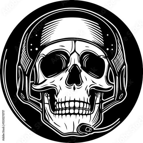 Skull wearing a helmet with a microphone in black circle