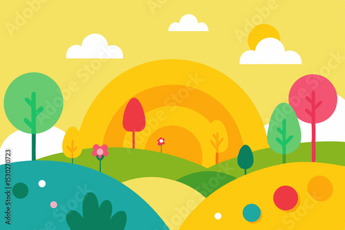 Vibrant Sunrise Landscape Colorful Hills, Happy Trees, and Sunny Sky Illustration