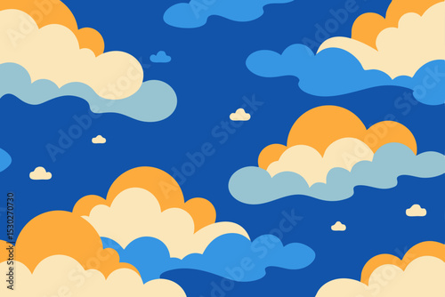 Whimsical Cloudscape A Seamless Pattern of Blue, Orange, and Cream Clouds
