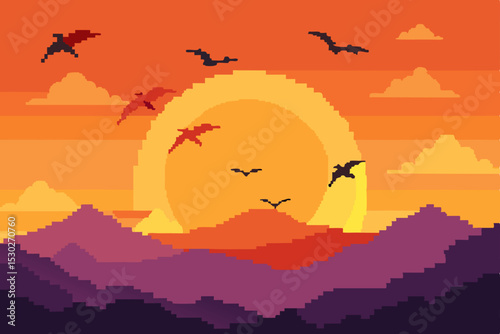 Pixel Art Sunset Landscape Dragons Soaring Above Mountains
