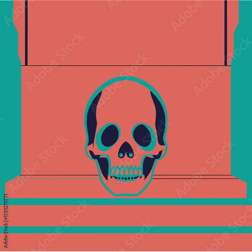 Illustration of a skull on a tomb with teal accents