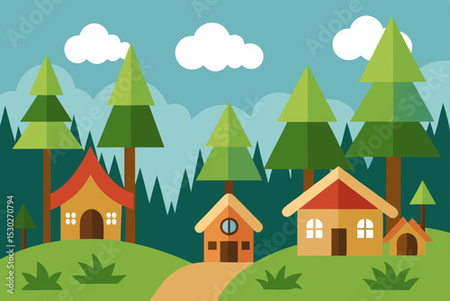 Charming Village Homes nestled in a Lush Green Forest Landscape Illustration