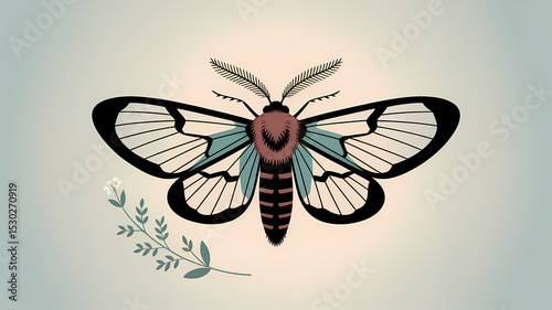 Flat Design Illustration of Carmenta brachyclados, Clearwing Moth with Translucent Iridescent Wings and Floral Accent