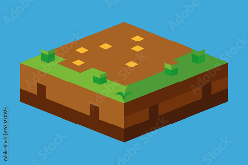 Isometric Pixel Art A Cultivated Field,  Brown Soil, Green Patches
