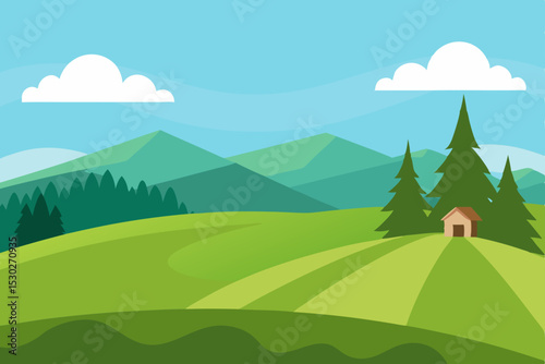 Serene Mountain Landscape Rolling Hills, Lush Greens, and a Cozy Cabin