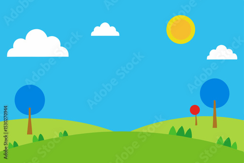 Sunny Day Landscape Simple Illustration of a Cheerful Green Hill, Blue Sky, and Happy Trees