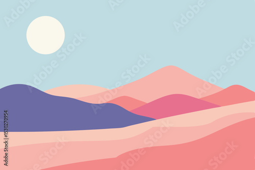 Serene Minimalist Mountain Landscape Illustration Pastel Hues and Simple Shapes