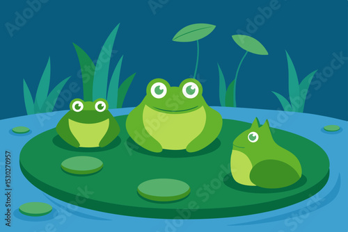 Charming Frog Family on Lily Pad Nighttime Pond Illustration