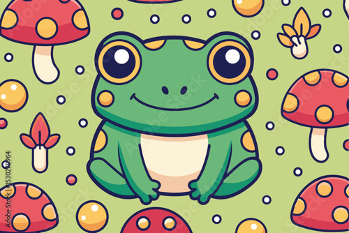 A cheerful, cartoon frog sits amidst a repeating pattern of red mushrooms and light yellow polka dots on a pastel green backdrop.