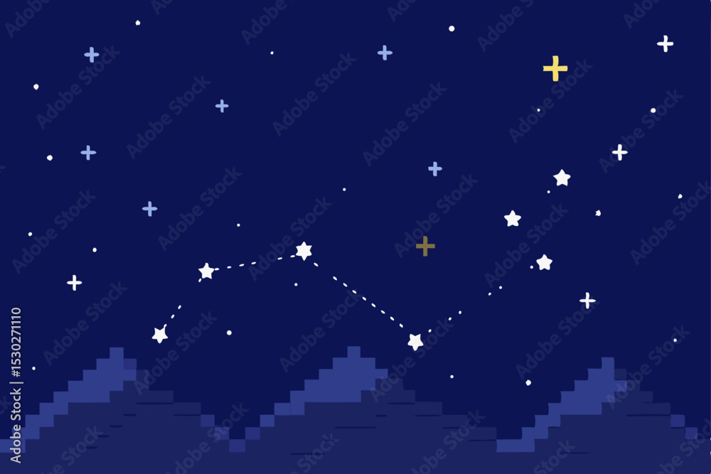Fototapeta premium Pixel Art Night Sky Constellations and Mountains