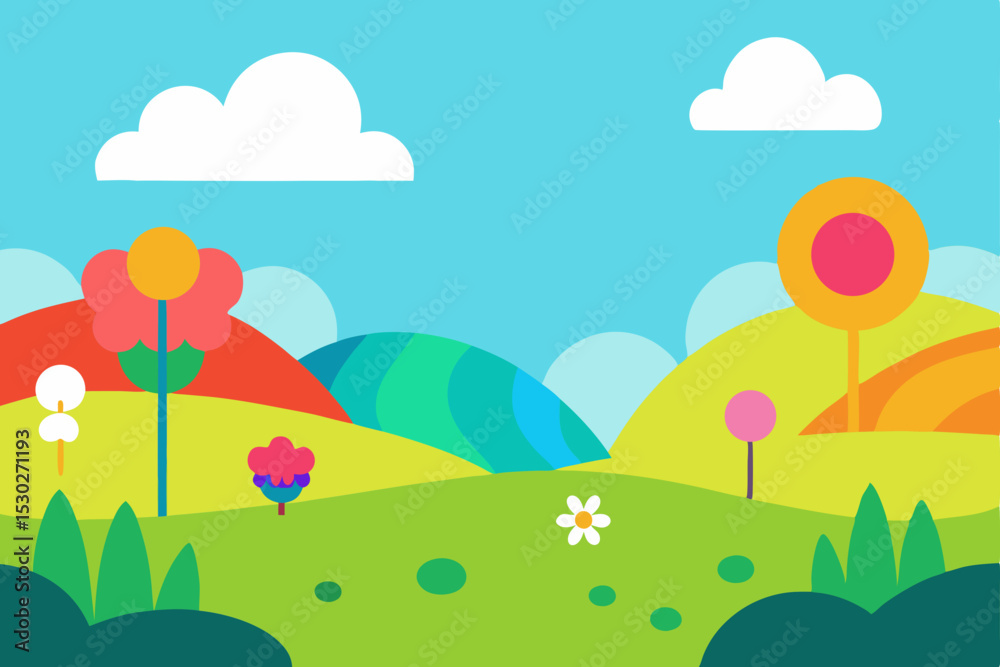 Whimsical Landscape Illustration Colorful Hills, Flowers, and Candy Trees Whimsical Landscape Illustration Colorful Hills, Flowers, and Candy Trees