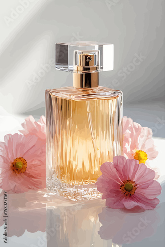 A picture of a glass perfume bottle surrounded by soft pink cosmos flowers with a yellow center, on a pure white background.