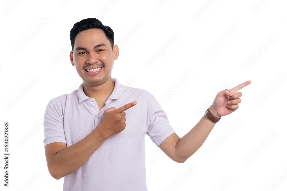 Smiling young Asian man in white polo shirt pointing to the side with both hands isolated on transparent background Smiling young Asian man in white polo shirt pointing to the side with both hands isolated on transparent background