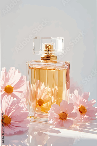 A picture of a glass perfume bottle surrounded by soft pink cosmos flowers with a yellow center, on a pure white background.
