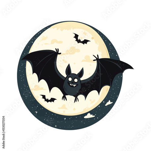 Cartoon Bat Flying Before Full Moon Night Sky Stars Clouds