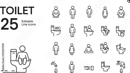 25 Editable Toilet Line Icons Modern Thin Line Vector Illustrations for Public Restrooms