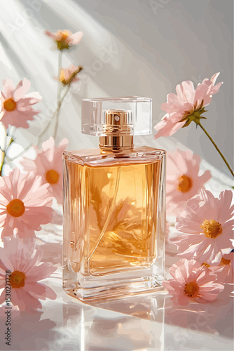 A picture of a glass perfume bottle surrounded by soft pink cosmos flowers with a yellow center, on a pure white background.