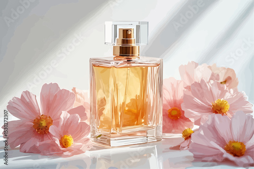 A picture of a glass perfume bottle surrounded by soft pink cosmos flowers with a yellow center, on a pure white background.