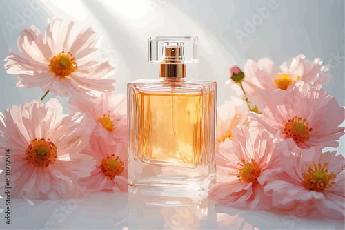 A picture of a glass perfume bottle surrounded by soft pink cosmos flowers with a yellow center, on a pure white background.