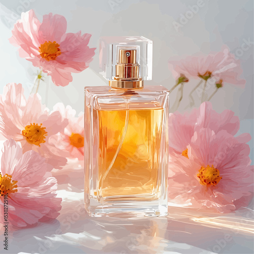 A picture of a glass perfume bottle surrounded by soft pink cosmos flowers with a yellow center, on a pure white background.