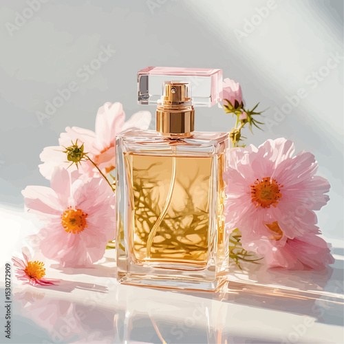 A picture of a glass perfume bottle surrounded by soft pink cosmos flowers with a yellow center, on a pure white background.