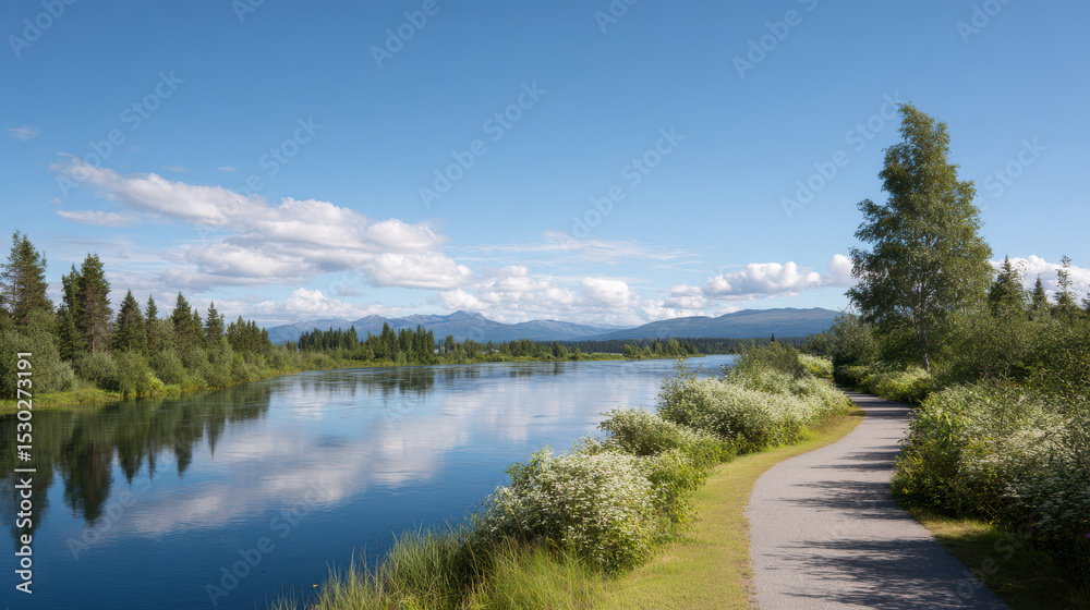 serene wide path winding along tranquil river reflecting clear blue sky above serene wide path winding along tranquil river reflecting clear blue sky above