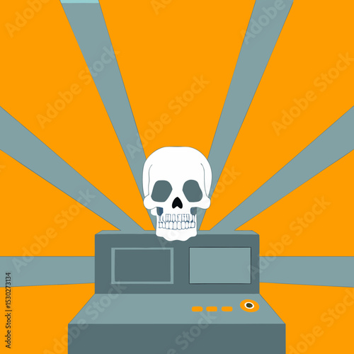 Skull on machine with orange burst background design
