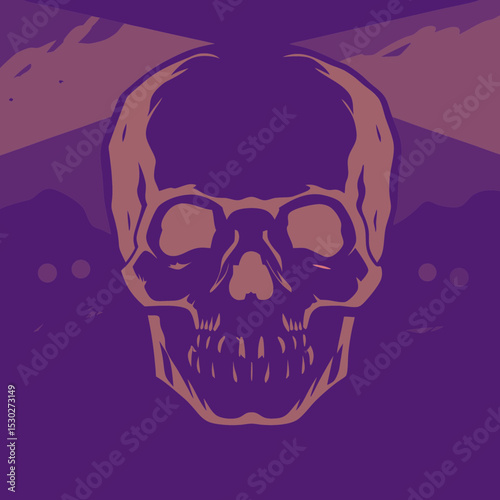 Stylized skull graphic with purple and tan color scheme