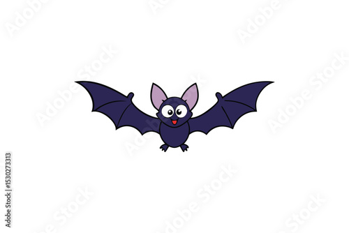 Funny cartoon bat with open wings flying high vector art illustration