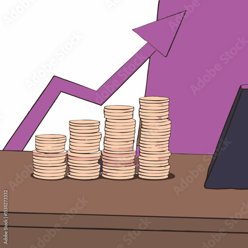 Stacks of coins with an upward trending arrow in purple