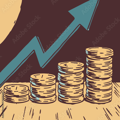Stacks of coins with an arrow pointing upwards showing growth
