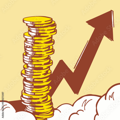 Stack of coins with upward trending arrow on light background