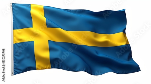 Photorealistic flag of Sweden with blue background and yellow Scandinavian cross. Realistic textile texture, natural folds, isolated on white background.