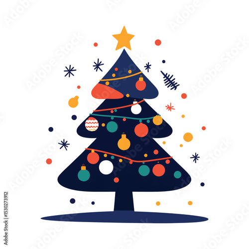 Decorated Dark Blue Christmas Tree with Colorful Ornaments and Yellow Star