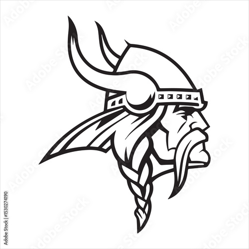 Viking warrior head mascot logo, side profile. Norseman with horned helmet and braided beard. Black and white vector graphic icon for sports or esports team, isolated on white