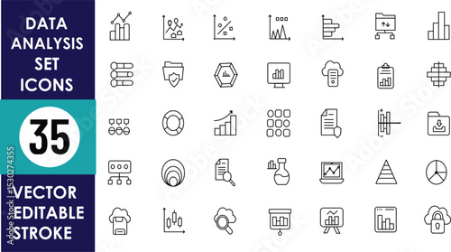 35 editable vector stroke icons in minimalist line art style representing data analysis tools like bar charts, pie charts, graphs, reports, filters, and dashboards
