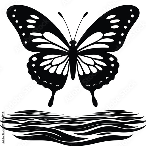 Silhouette of butterfly gliding above water