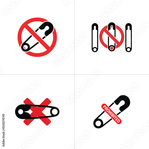 Black Safety Pins Set in Prohibition Sign on White Background Flat Icon