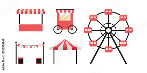 Carnival set clip art. Amusement set object. Food stand. Ferris wheel. 