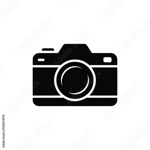 Black Silhouette of a Camera Icon with Visible Lens on a White Background
